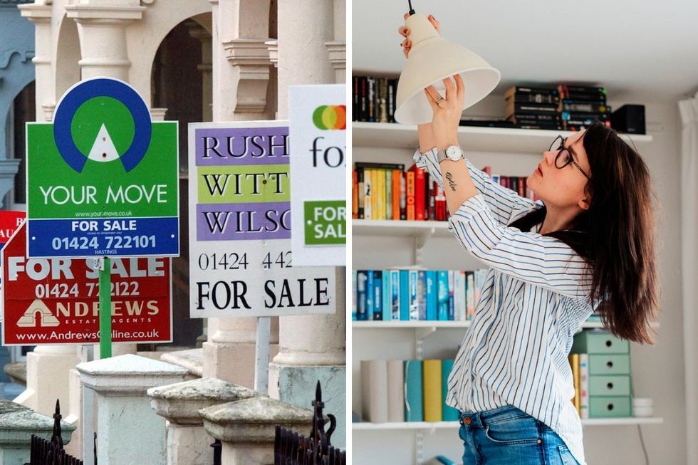 For sale signs / Woman fitting lightbulb