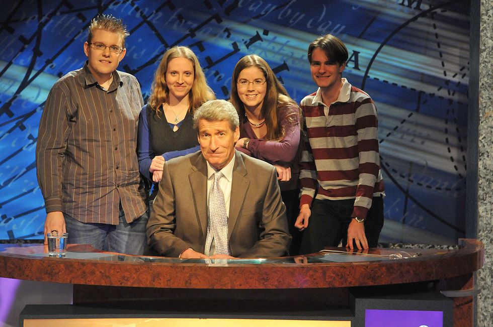 For use in UK, Ireland or Benelux countries only Undated BBC handout photo of the Corpus Christi, Oxford University Challenge team 2009, (from left) Sam Kay, Lauren Schwartzman, Gail Trimble (capt), James Marsden with the show's host Jeremy Paxman. Paxman is to step down as the host of University Challenge after 28 years, the BBC has announced. Issue date: Tuesday August 16, 2022.