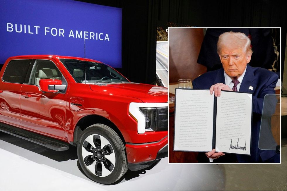 Ford F-150 Lightning and Donald Trump holding up a signed tariff