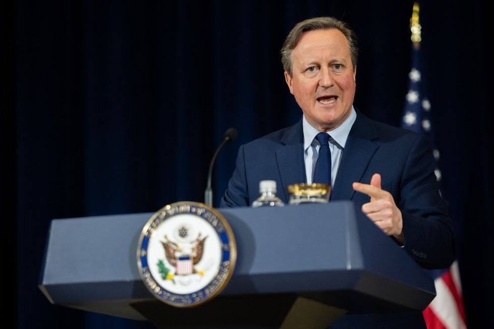 Foreign Minister David Cameron speaks during a press conference with Secretary of State Antony Blinken
