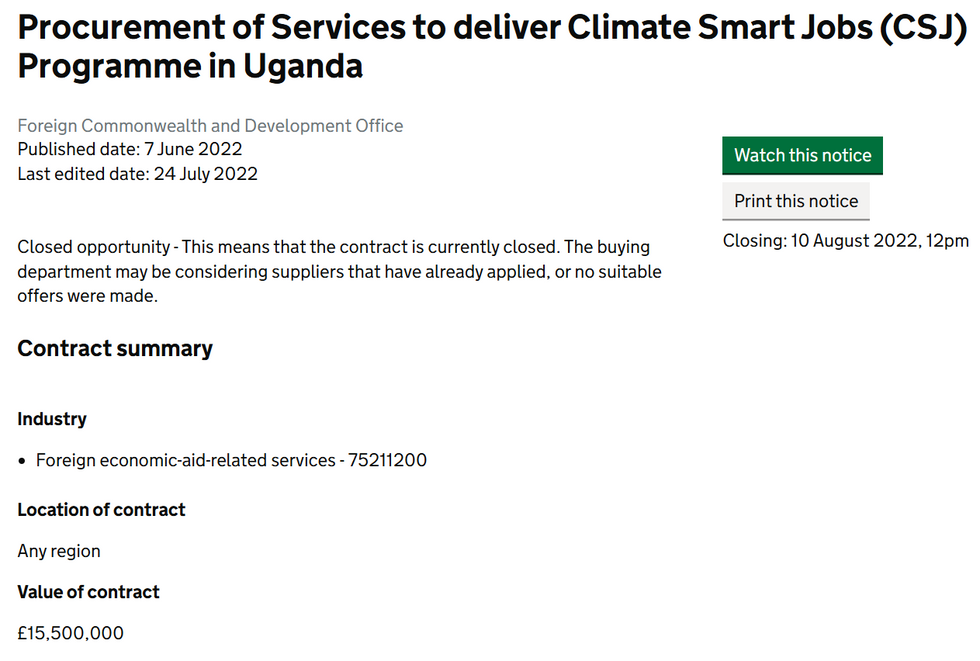 Foreign Office contract spent \u00a315.5million of taxpayer money on \u2018Climate Smart Jobs\u2019 in Uganda.