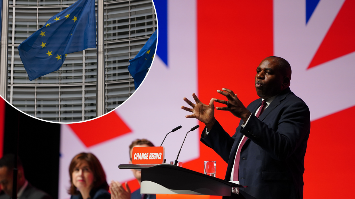 Foreign Secretary David Lammy. Inset image of EU flags.