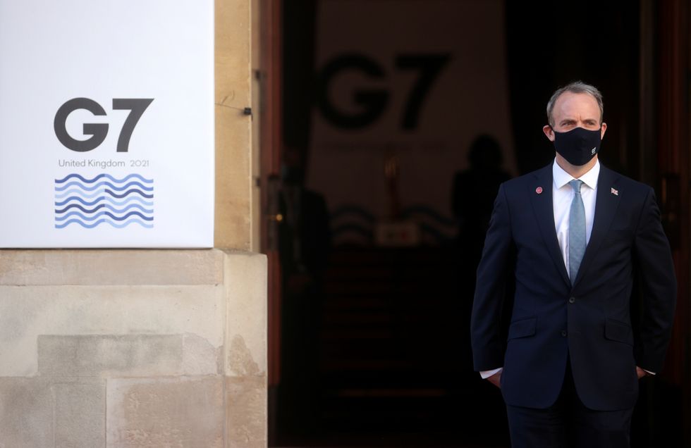 Foreign Secretary Dominic Raab waiting to greet counterparts during the G7 foreign and development ministers meeting.