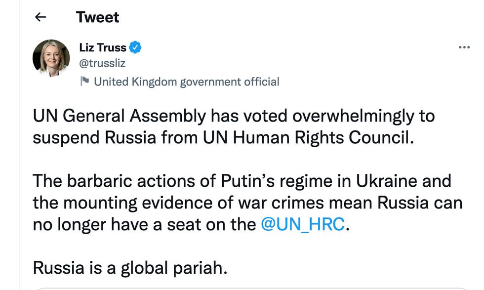 Foreign Secretary Liz Truss made the announcement on social media