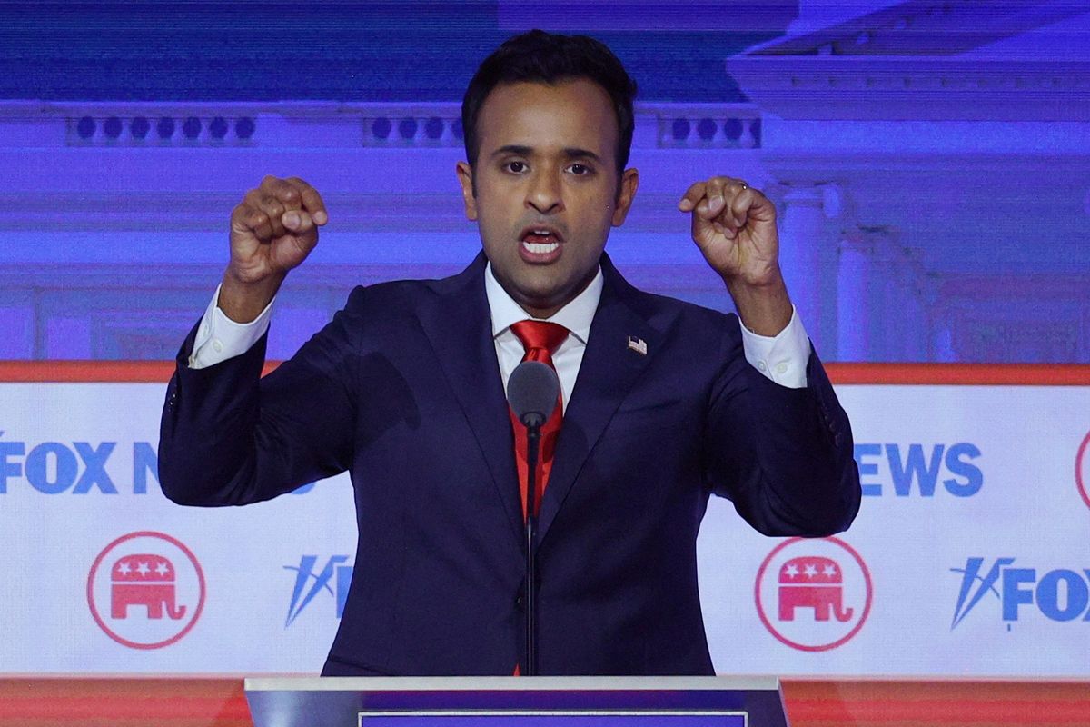 Former biotech executive Vivek Ramaswamy speaks at the first Republican candidates' debate of the 2024 U.S. presidential campaign in Milwaukee, Wisconsin