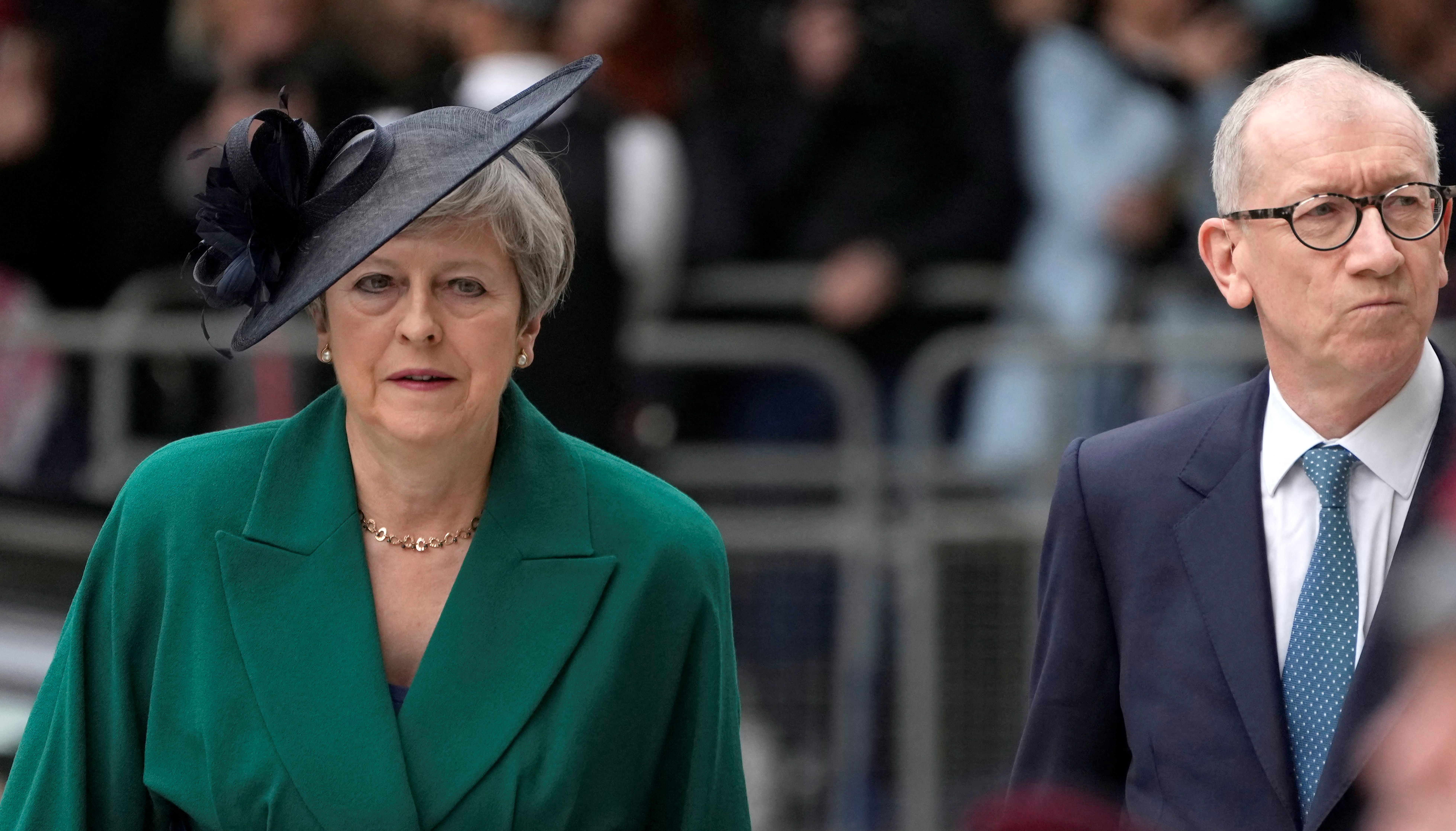 Former British Prime Minister Theresa May and her husband Philip May arrive for the National Service of Thanksgiving held at St Paul's Cathedral, during the Queen's Platinum Jubilee celebrations, in London, Britain, June 3, 2022. Matt Dunham/Pool via REUTERS
