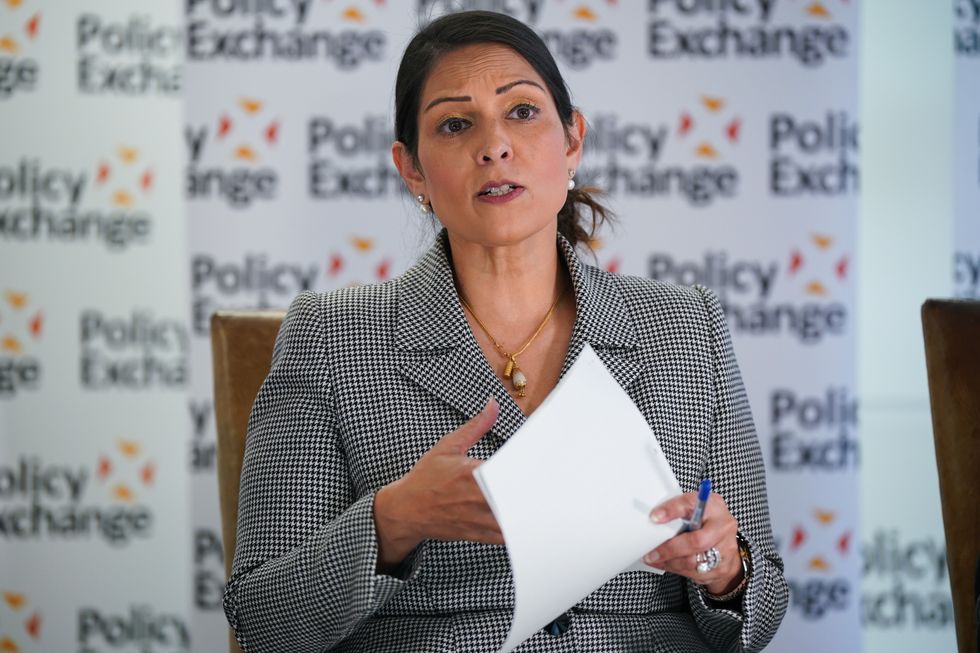 Former Home Secretary Priti Patel speaking at an event on policing at the Policy Exchange in Westminster
