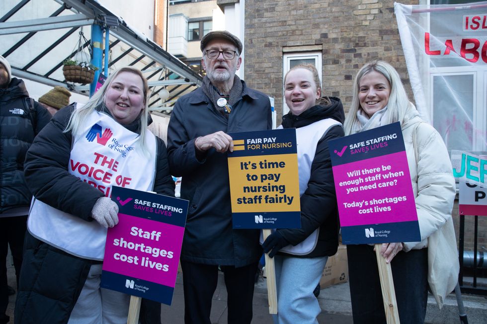 Former Labour leader Jeremy Corbyn joins members of the Royal College of Nursing (RCN) on the picket line outside Great Ormond Street Hospital in London as nurses in England, Wales and Northern Ireland take industrial action over pay. Picture date: Thursday December 15, 2022.