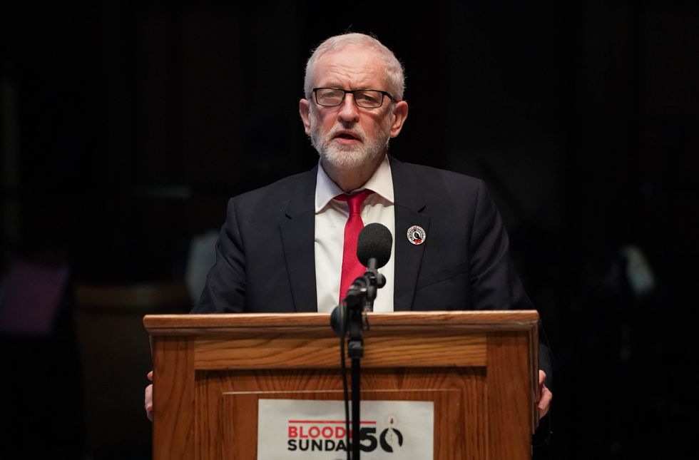 Former Labour leader Jeremy Corbyn speaking at a Bloody Sunday memorial lecture at the Guildhall in Londonderry ahead of the Bloody Sunday 50th anniversary