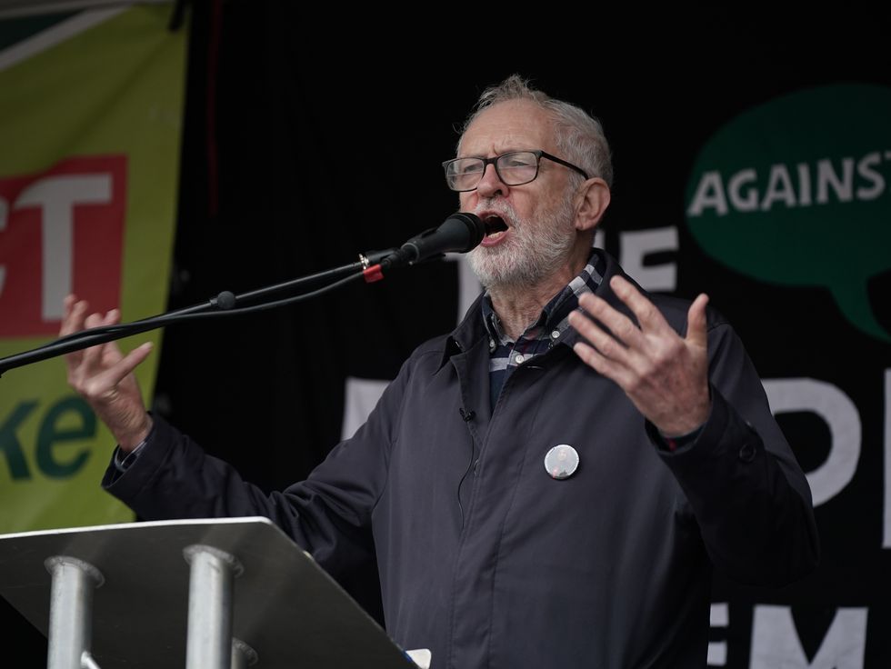 Former Labour Party leader Jeremy Corbyn addressing the People's Assembly Britain is Broken national demonstration in central London. Picture date: Saturday November 5, 2022.
