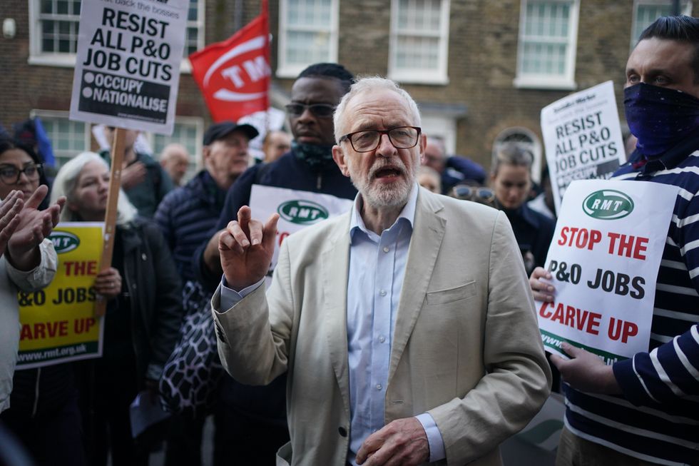 Former Labour Party leader Jeremy Corbyn joins protesters outside DP World HQ in Victoria, London, after 800 seafarers were handed immediate severance notices