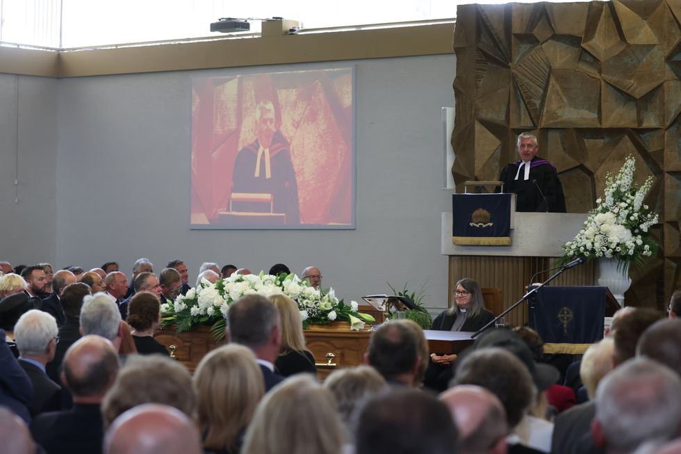 Former moderator of the Presbyterian Church, Charles McMullan speaking at the funeral of former Northern Ireland first minister and UUP leader David Trimble, who died last week aged 77, at Harmony Hill Presbyterian Church, Lisburn. Picture date: Monday August 1, 2022.