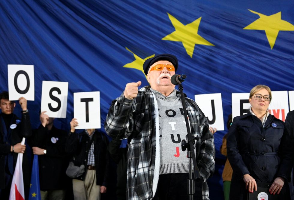 Former Polish president Lech Walesa speaks during a rally in support of Poland's membership in the European Union after the country's Constitutional Tribunal ruled on the primacy of the constitution over EU law, undermining a key tenet of European integration, in Gdansk, Poland, October 10, 2021. Bartosz Banka/Agencja Gazeta via REUTERS THIS IMAGE HAS BEEN SUPPLIED BY A THIRD PARTY. POLAND OUT. NO COMMERCIAL OR EDITORIAL SALES IN POLAND.