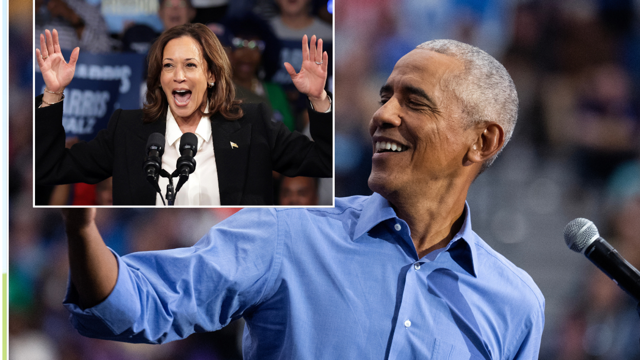 Former President Barack Obama speaking at a campaign event in Pittsburgh, Pennsylvania. Inset image of Vice President and presidential candidate Kamala Harris.