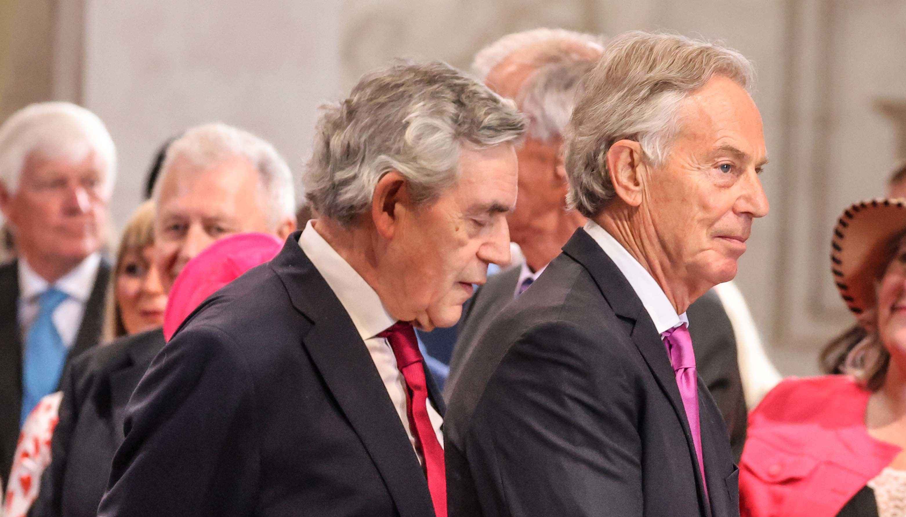 Former prime ministers (left) Gordon Brown and Tony Blair attend the National Service of Thanksgiving at St Paul's Cathedral, London, on day two of the Platinum Jubilee celebrations for Queen Elizabeth II. Picture date: Friday June 3, 2022.