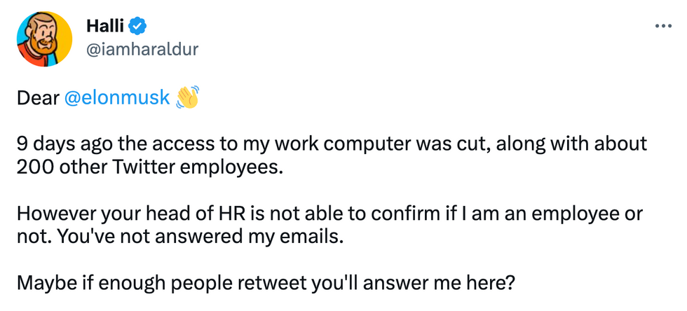 Former Twitter employee Halli asking Elon Musk if he has been fired