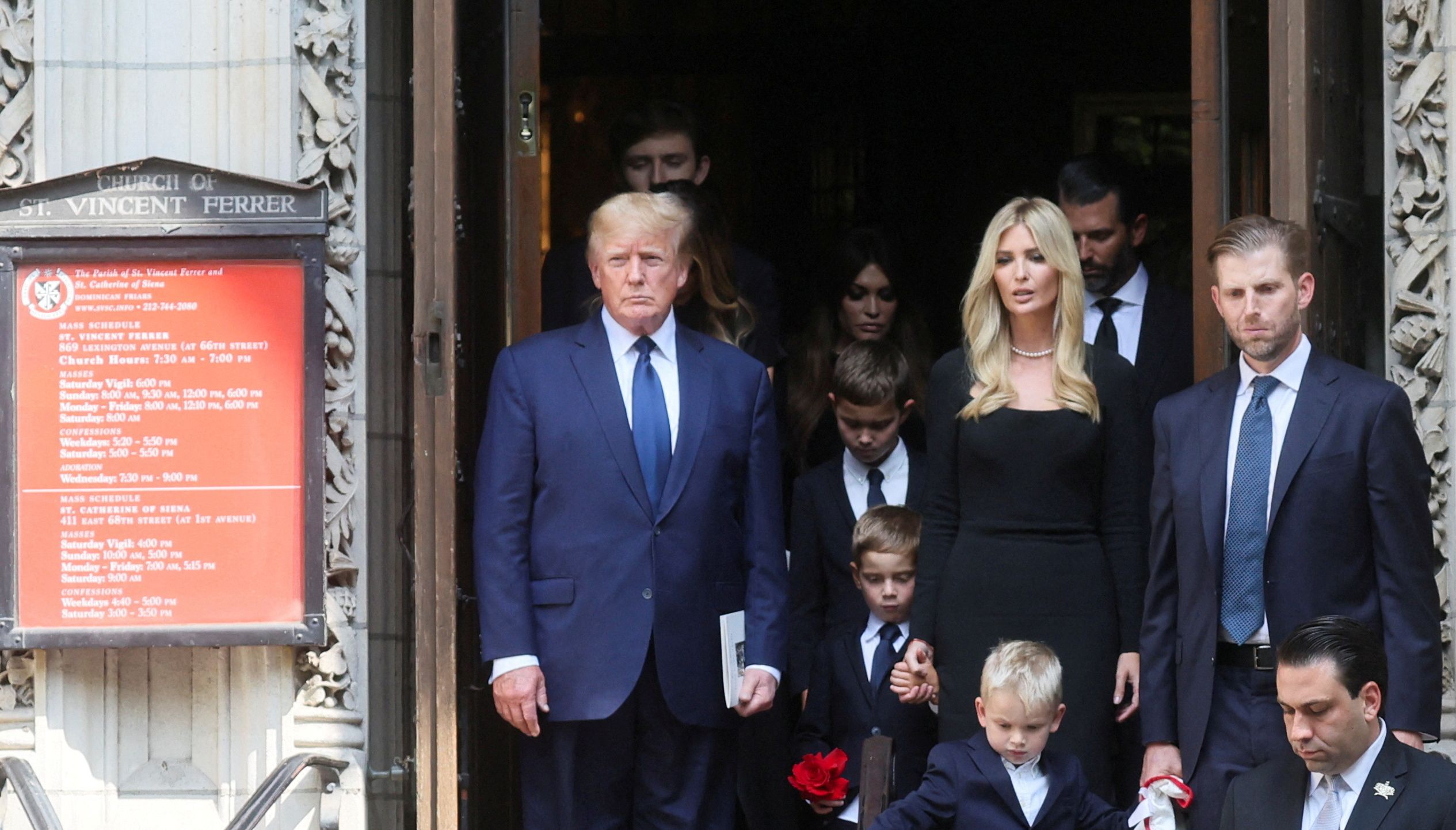 Former U.S. President Donald Trump, his daughter Ivanka and her husband Jared Kushner leave St. Vincent Ferrer Church during the funeral of Ivana Trump, socialite and Trump's first wife, in New York City, U.S., July 20, 2022. REUTERS/Brendan McDermid