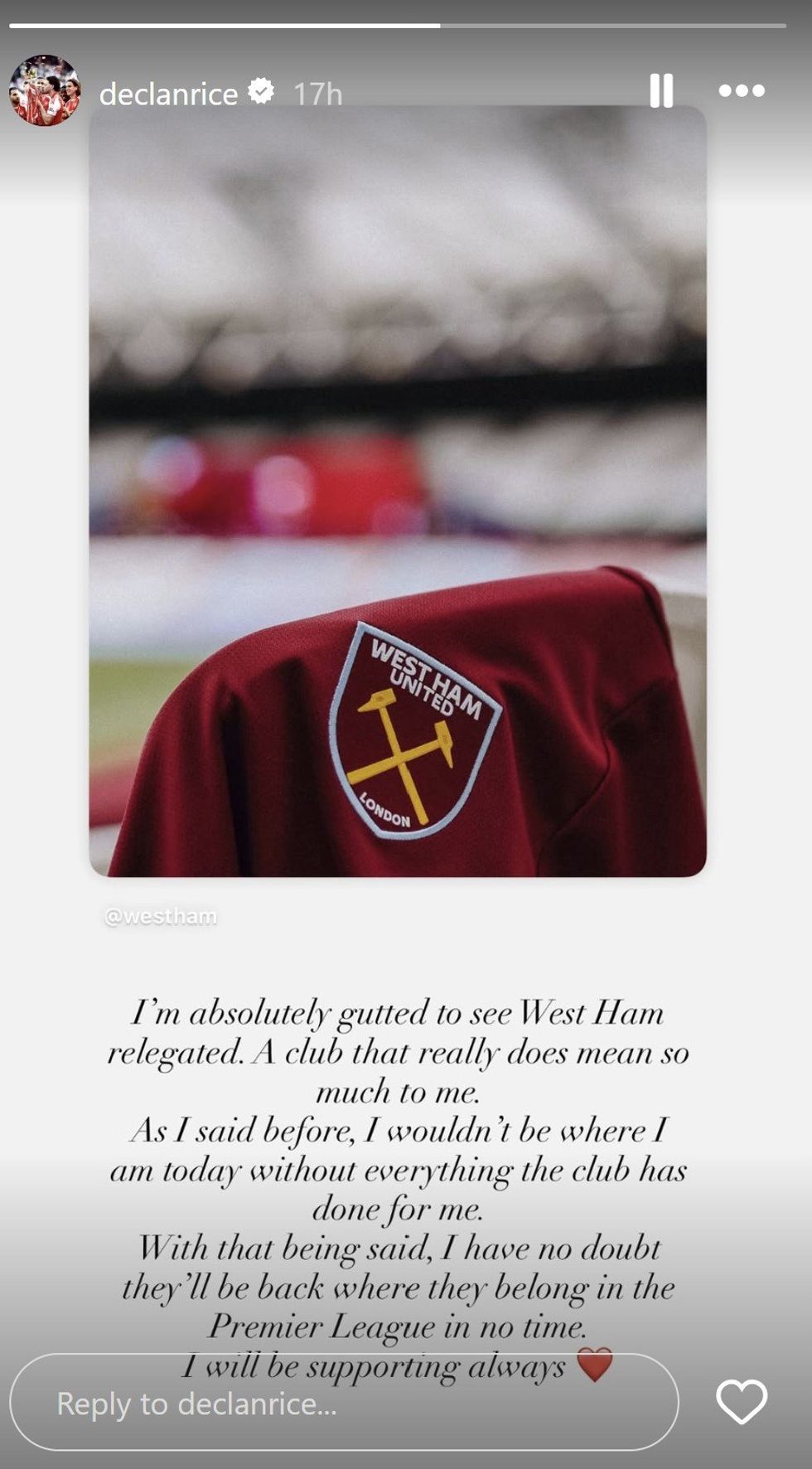 Former West Ham captain Declan Rice posted his support for his old club