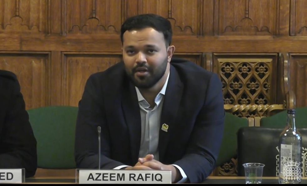 Former Yorkshire County Cricket Club cricketer Azeem Rafiq in front of the Digital, Culture, Media and Sport Committee at the House of Commons, London, on the subject of racism in cricket. Picture date: Tuesday December 13, 2022.