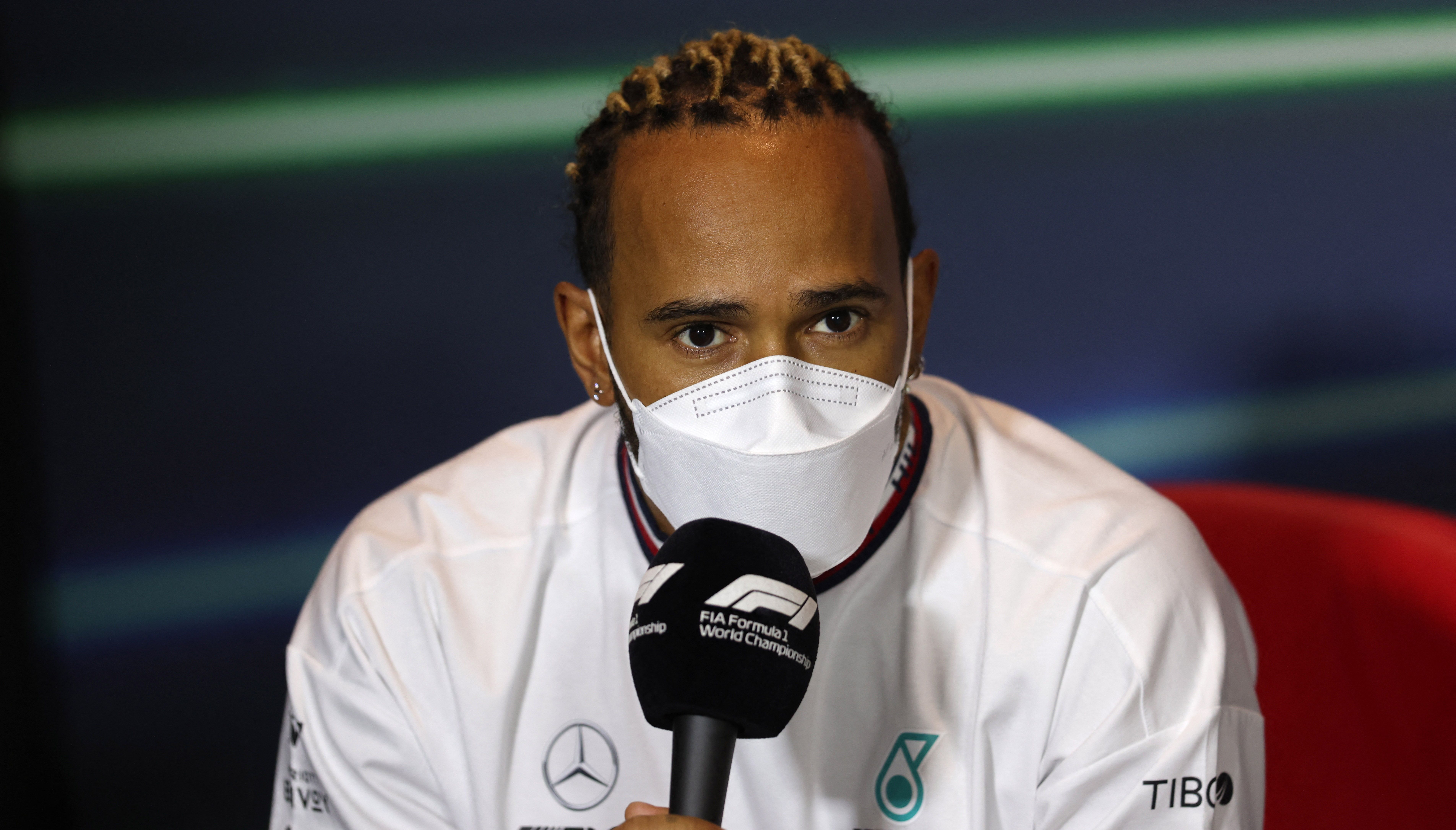 Formula One F1 - Saudi Arabia Grand Prix - Jeddah Corniche Circuit, Jeddah, Saudi Arabia - March 25, 2022 Mercedes' Lewis Hamilton during a press conference REUTERS/Ahmed Yosri
