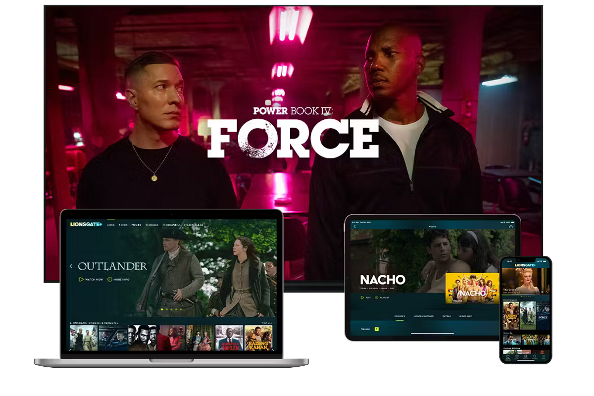 four devices compatible with lionsgate plus are shown side-by-side, including a laptop, tablet and smart tv 