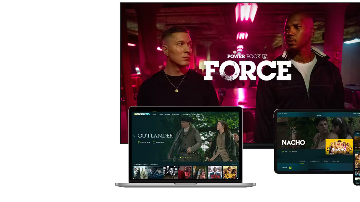 four devices compatible with lionsgate plus are shown side-by-side, including a laptop, tablet and smart tv