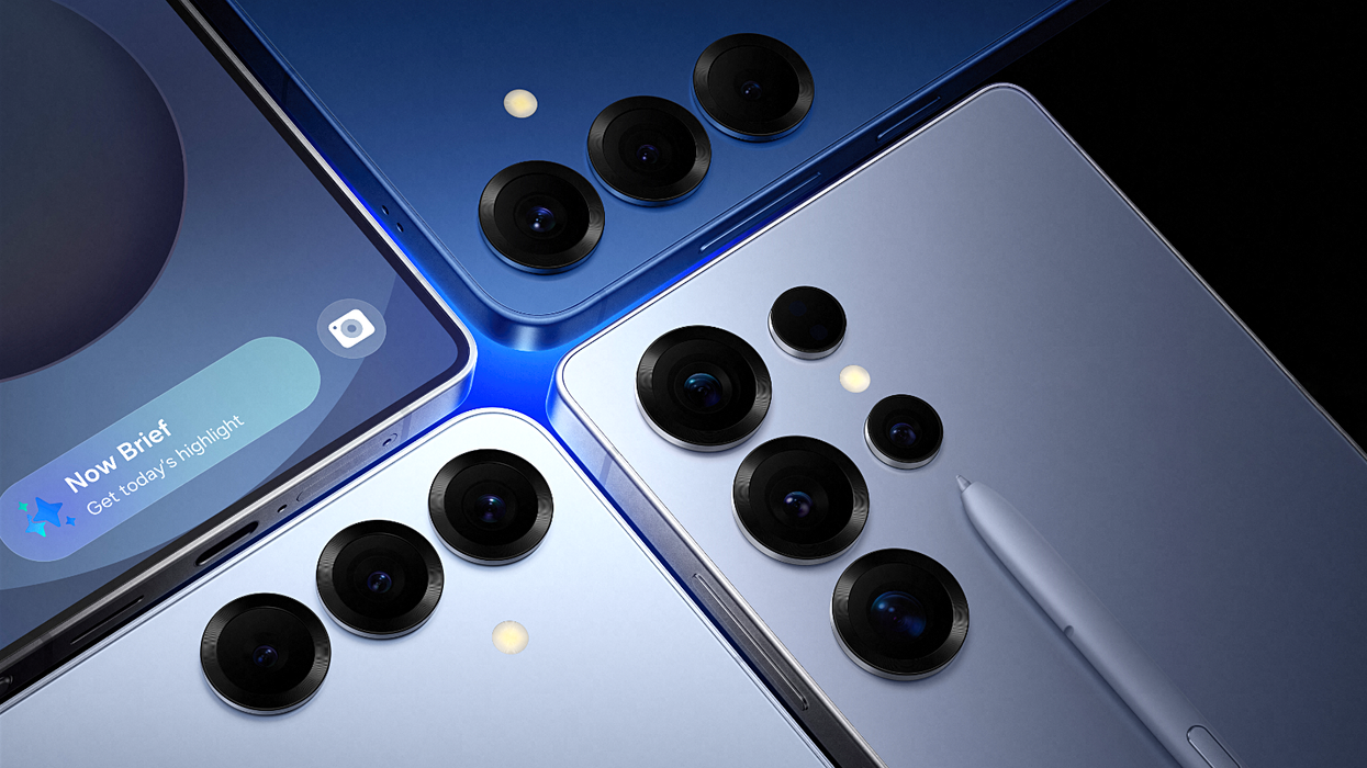 four galaxy s25 phones pictured side by side with the Now Brief feature prominently shown
