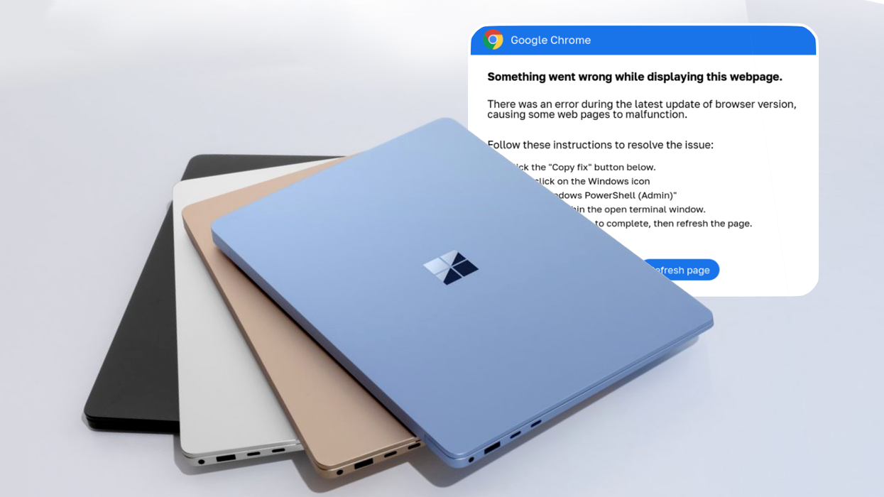four laptops pictured lying on a desk with an insert image of the google chrome pop-up warning