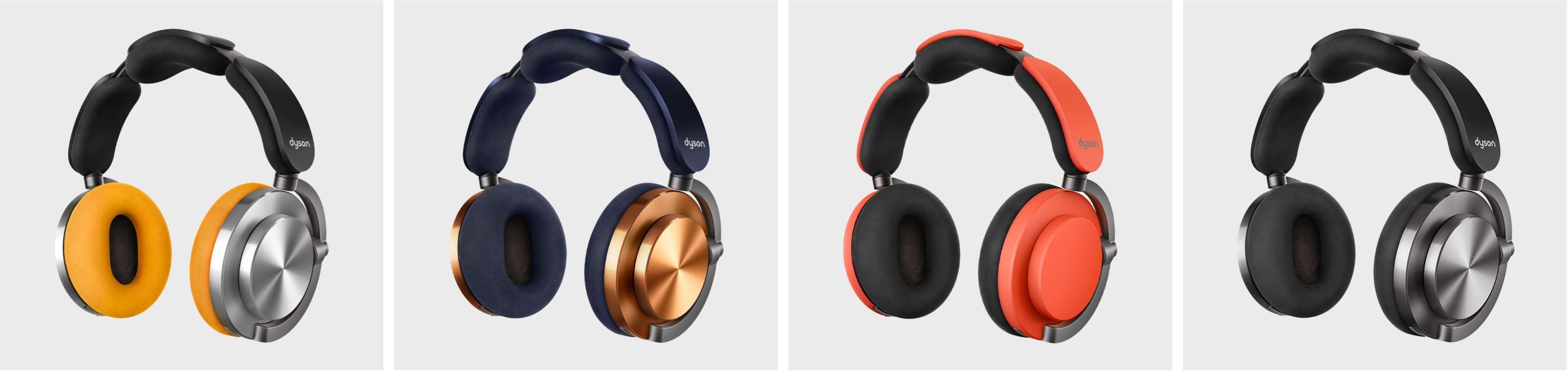 four pairs of dyson ontrac headphones pictured side by side in different colours with diferent materials