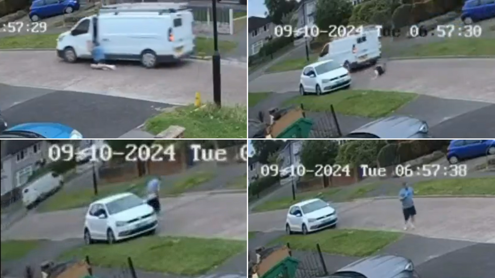Four-way split image of van being driven away and plumber's reaction