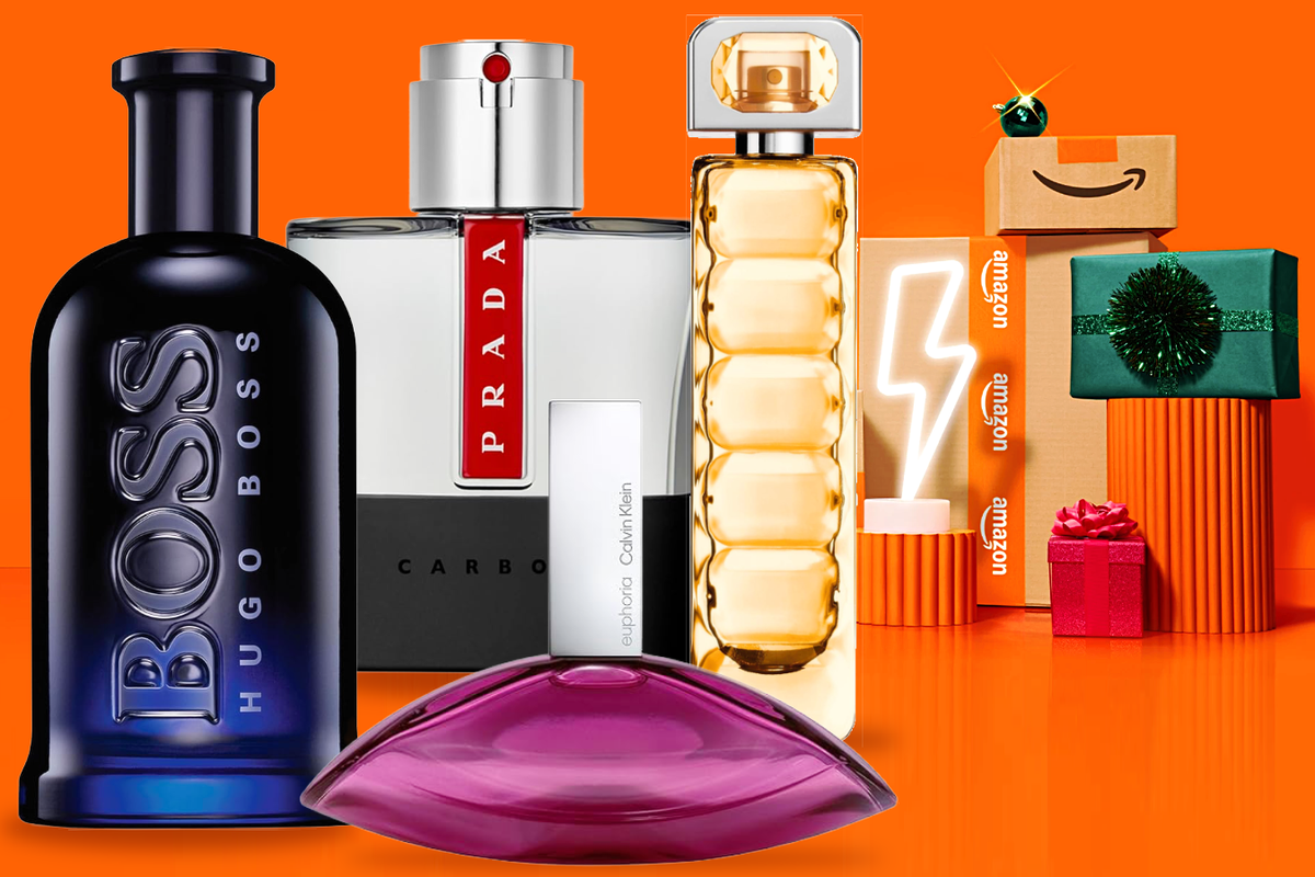 Fragrances in front of Amazon shipping boxes with orange background