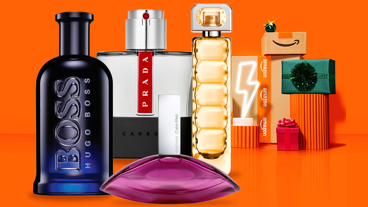Fragrances in front of Amazon shipping boxes with orange background