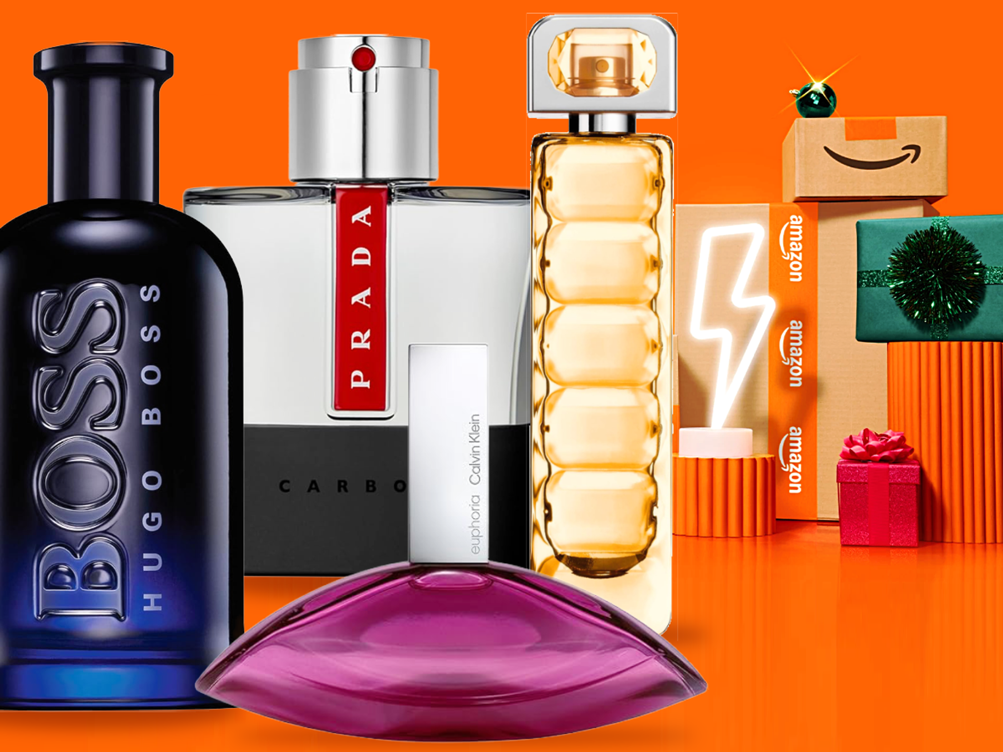 Fragrances in front of Amazon shipping boxes with orange background