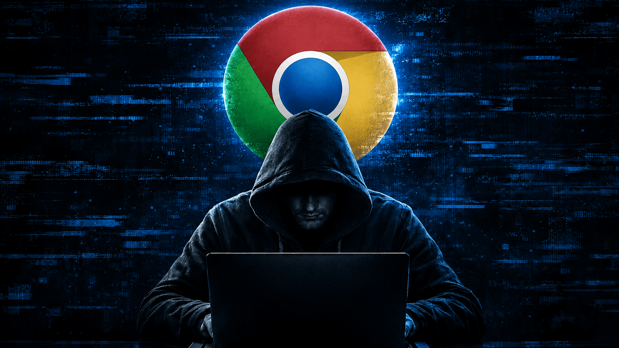Fraudster leaning over laptop with Google Chrome logo and glitchy effect in background