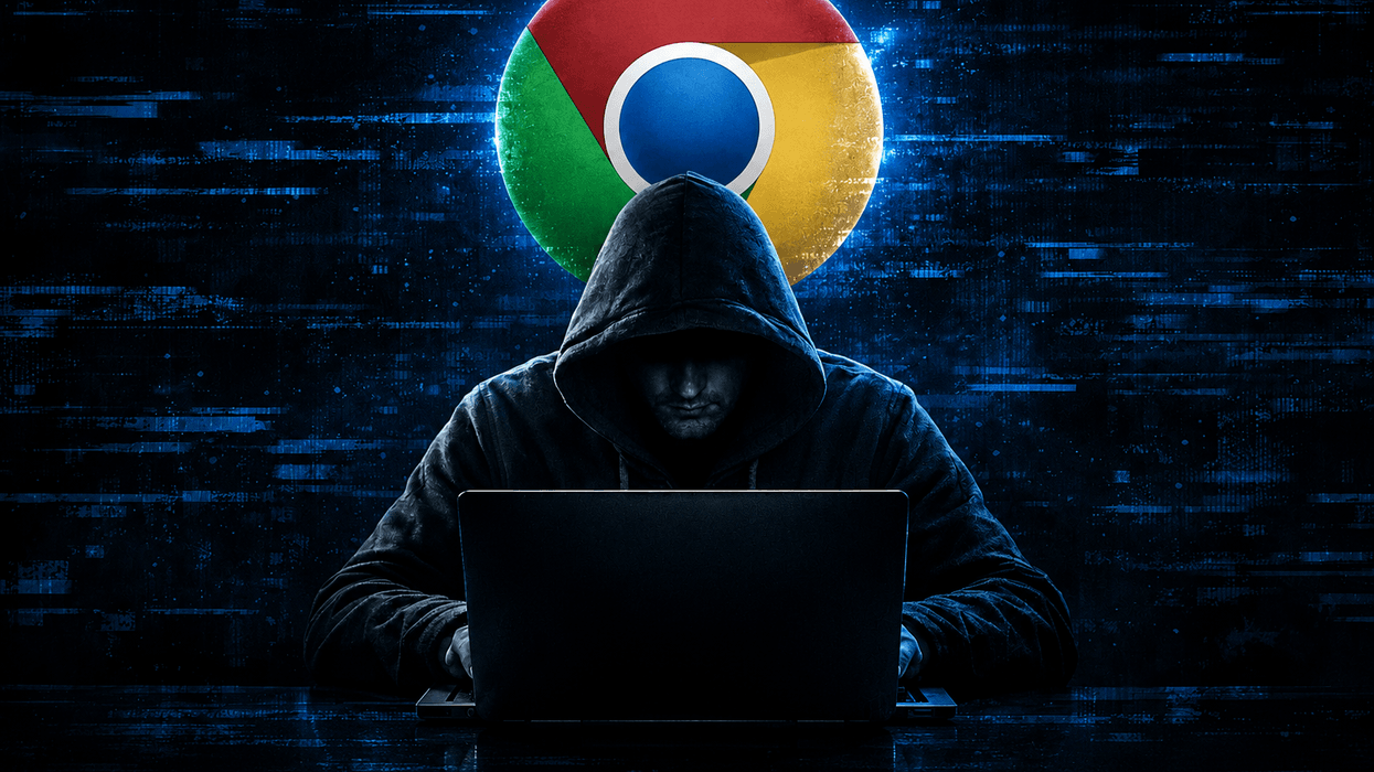 Fraudster leaning over laptop with Google Chrome logo and glitchy effect in background