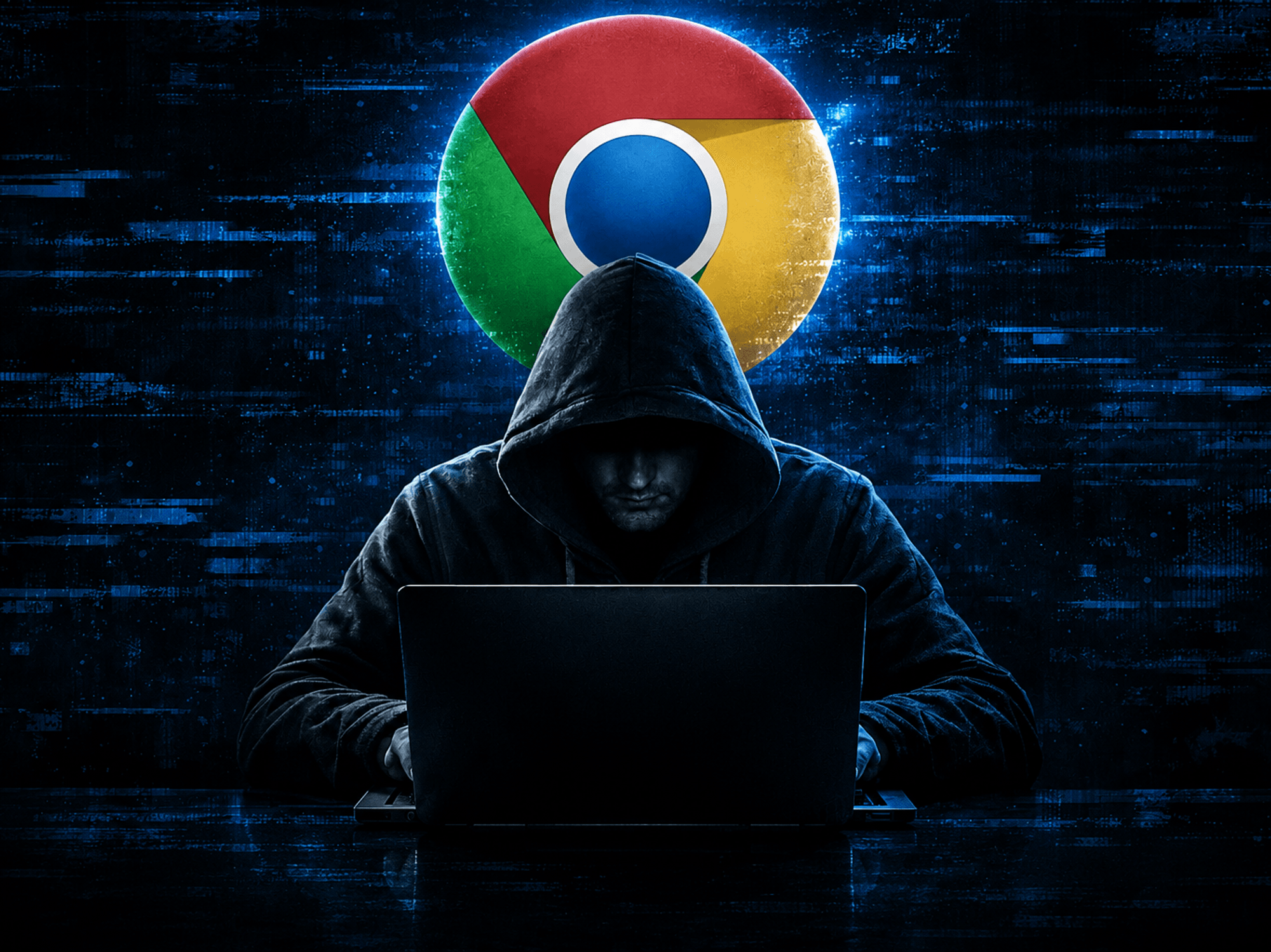 Fraudster leaning over laptop with Google Chrome logo and glitchy effect in background