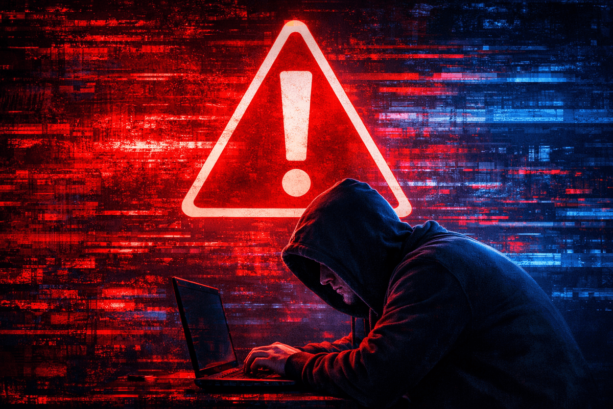 Fraudster with laptop in front of red warning sign