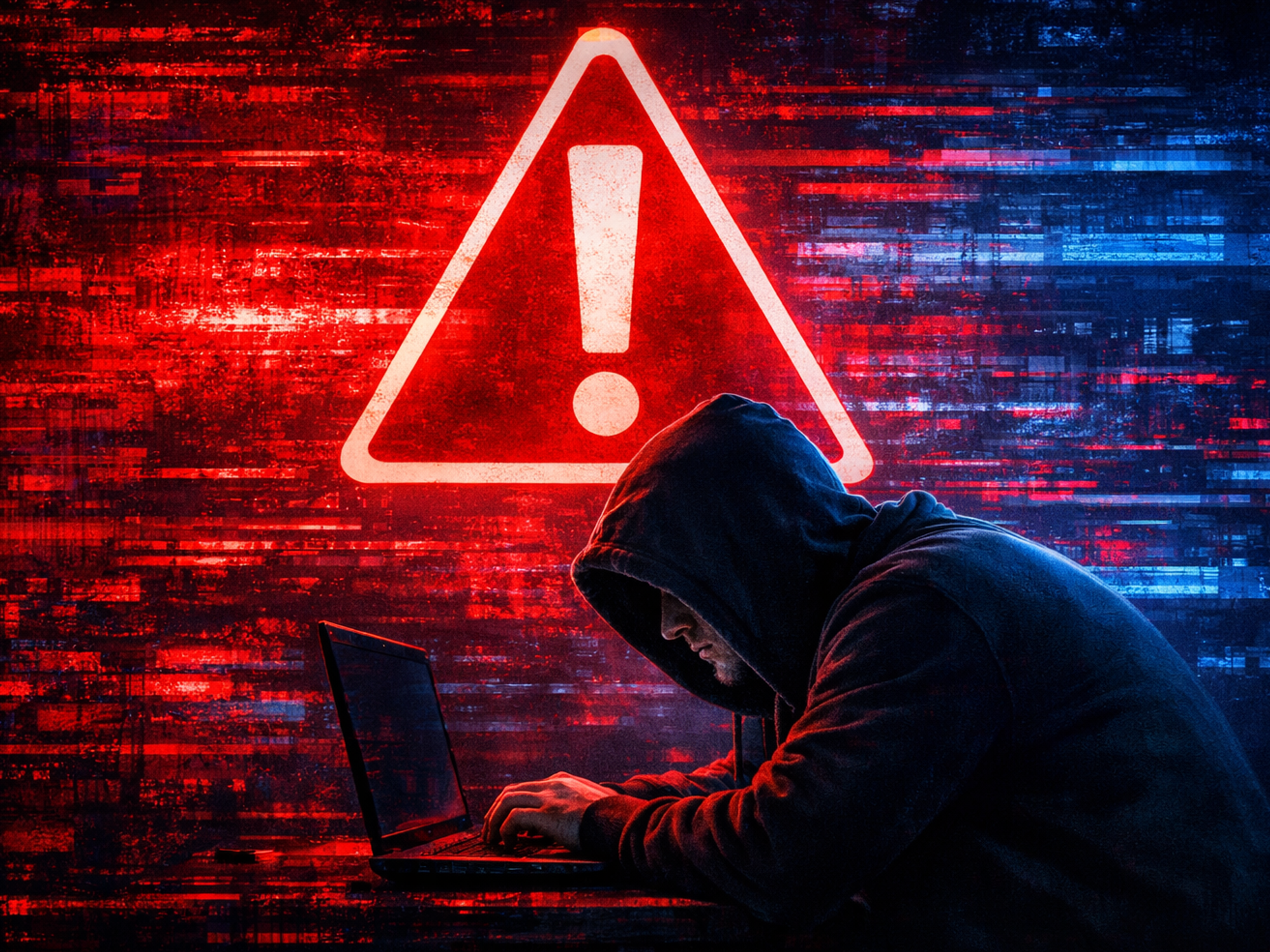 Fraudster with laptop in front of red warning sign