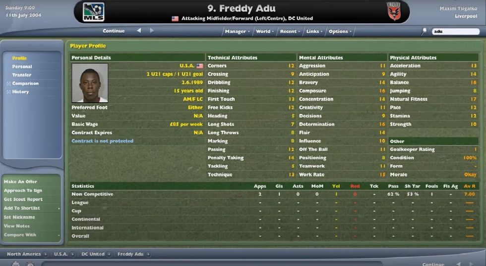 Freddy Adu's stats on Football Manager 2005 were pretty good, to say the least