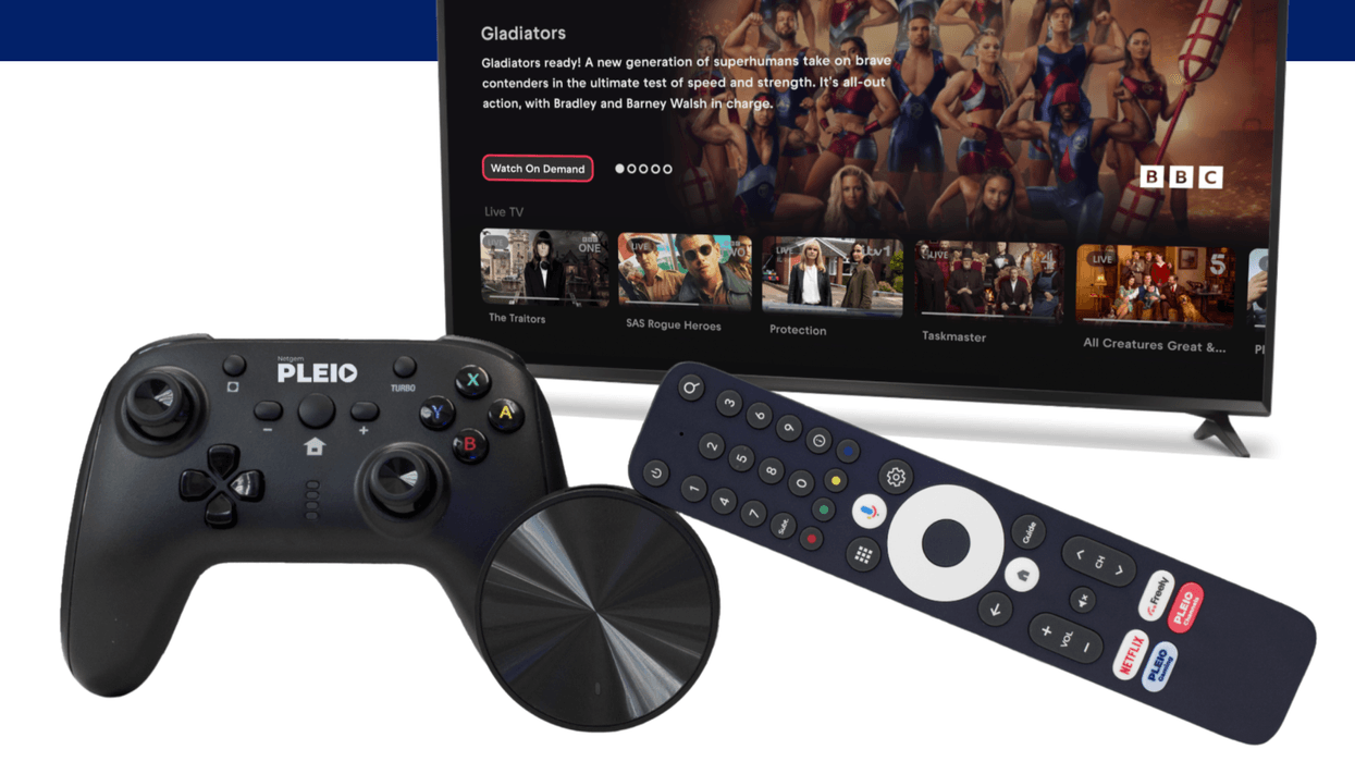 Freely's Netgem Pleio next to a game controller and remote controller in front of TV
