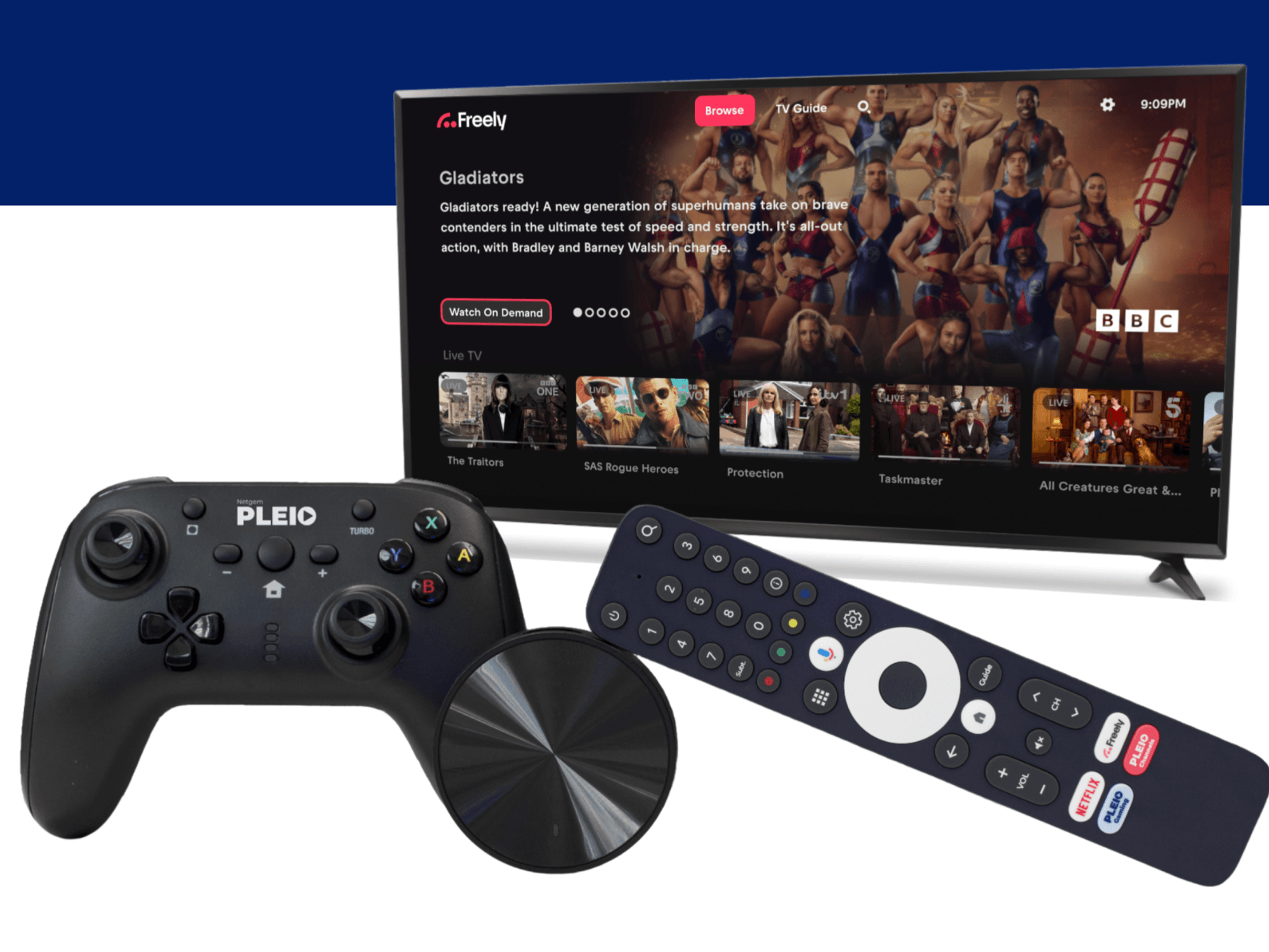 Freely's Netgem Pleio next to a game controller and remote controller in front of TV