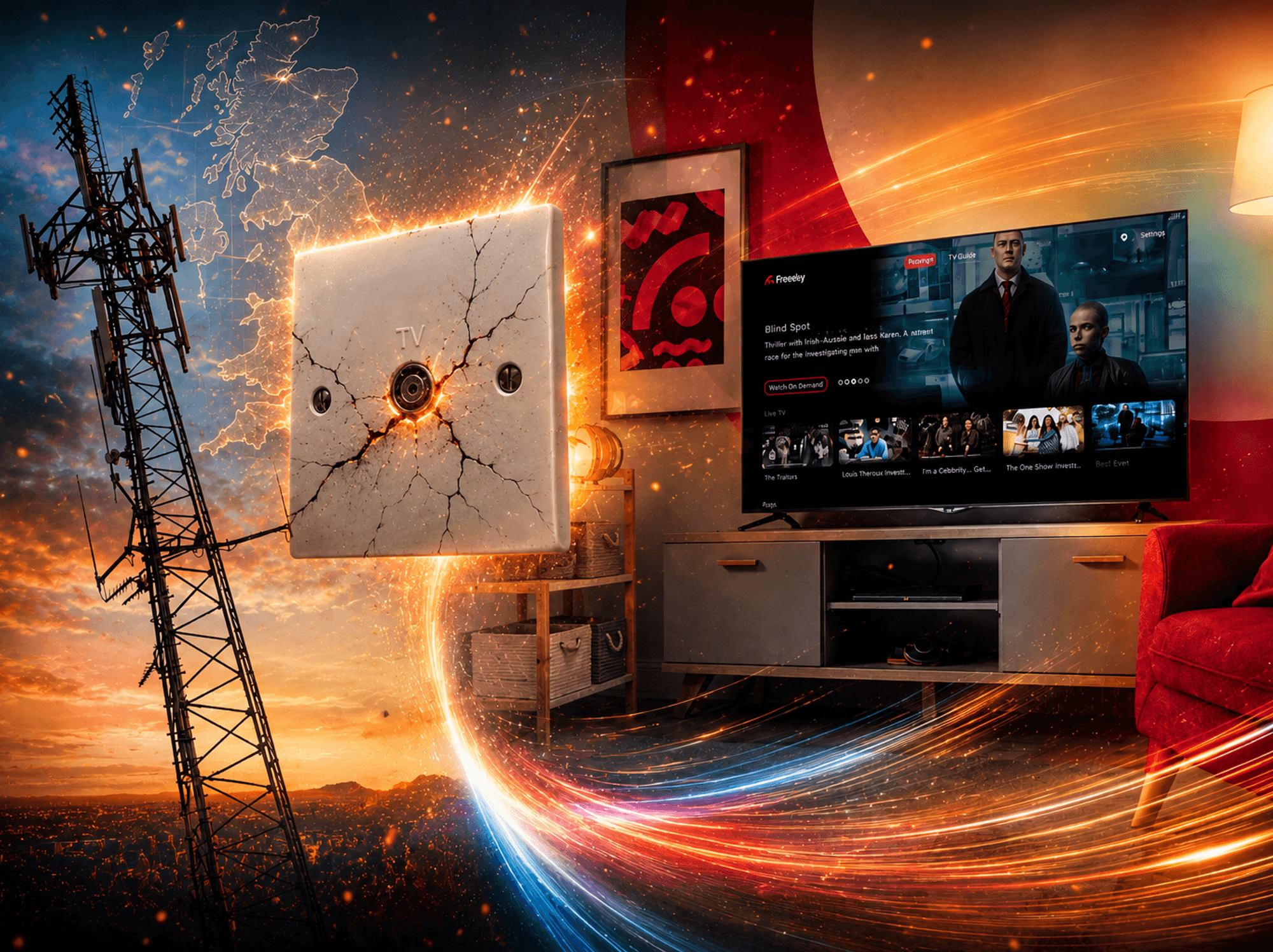 Freely TV on the wall in the living room with a traditionla TV aerial socket pictured in the middle