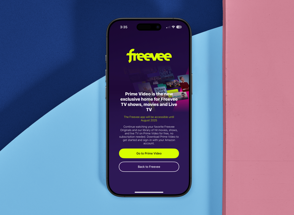 freevee warning about the switch to prime video with colourful background