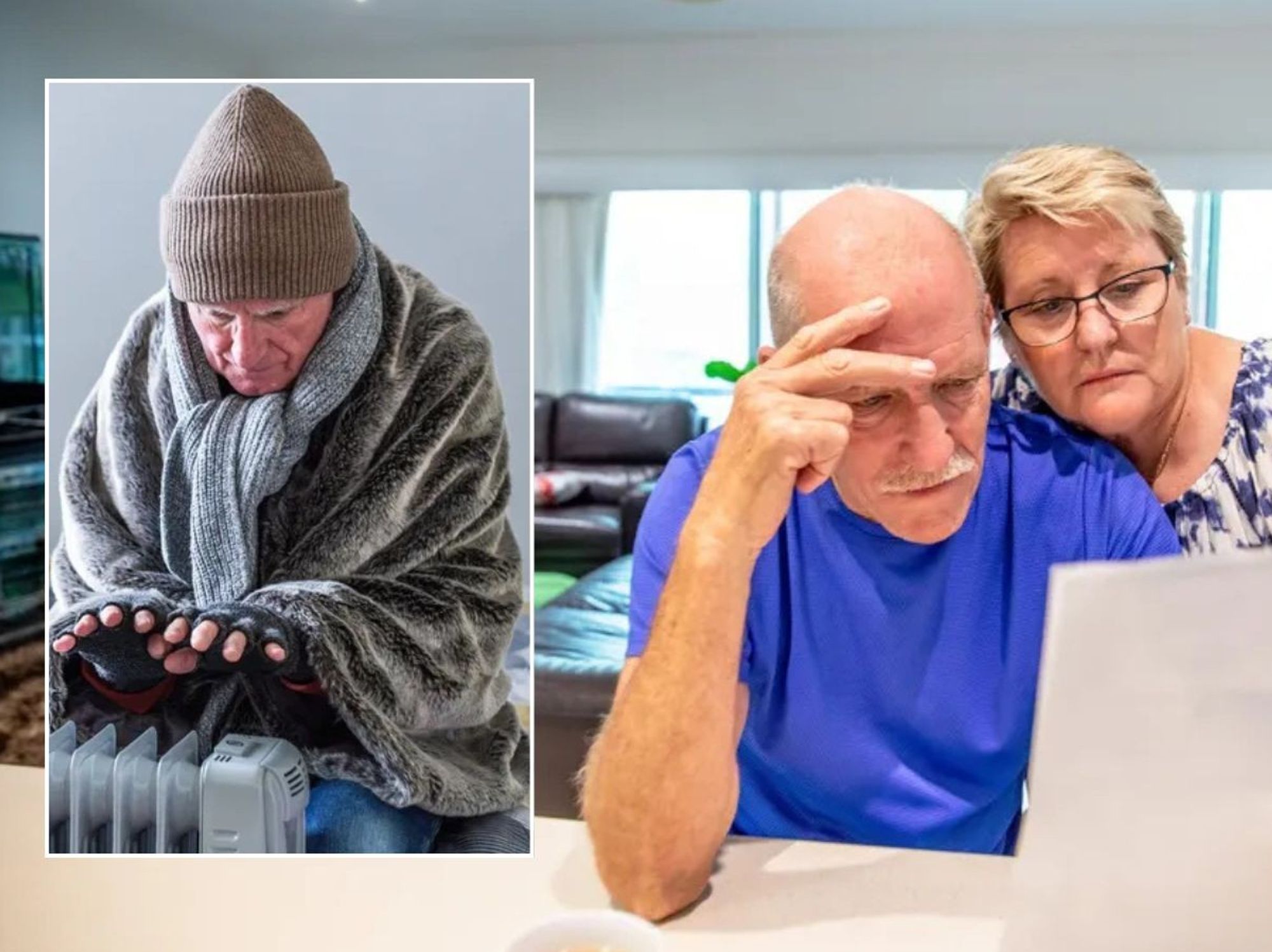 Freezing man and couple looking at a bill