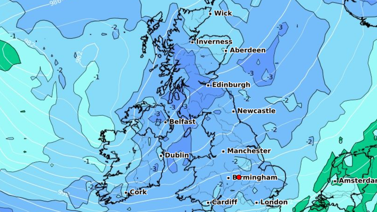 Freezing temperatures on weather map