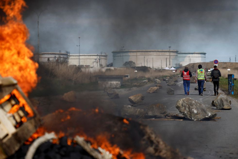 French energy workers on strike protest against French government's pension reform plan.