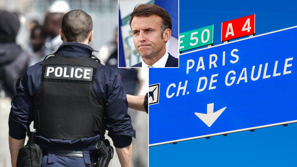 French police/Macron/Paris CDG airport sign