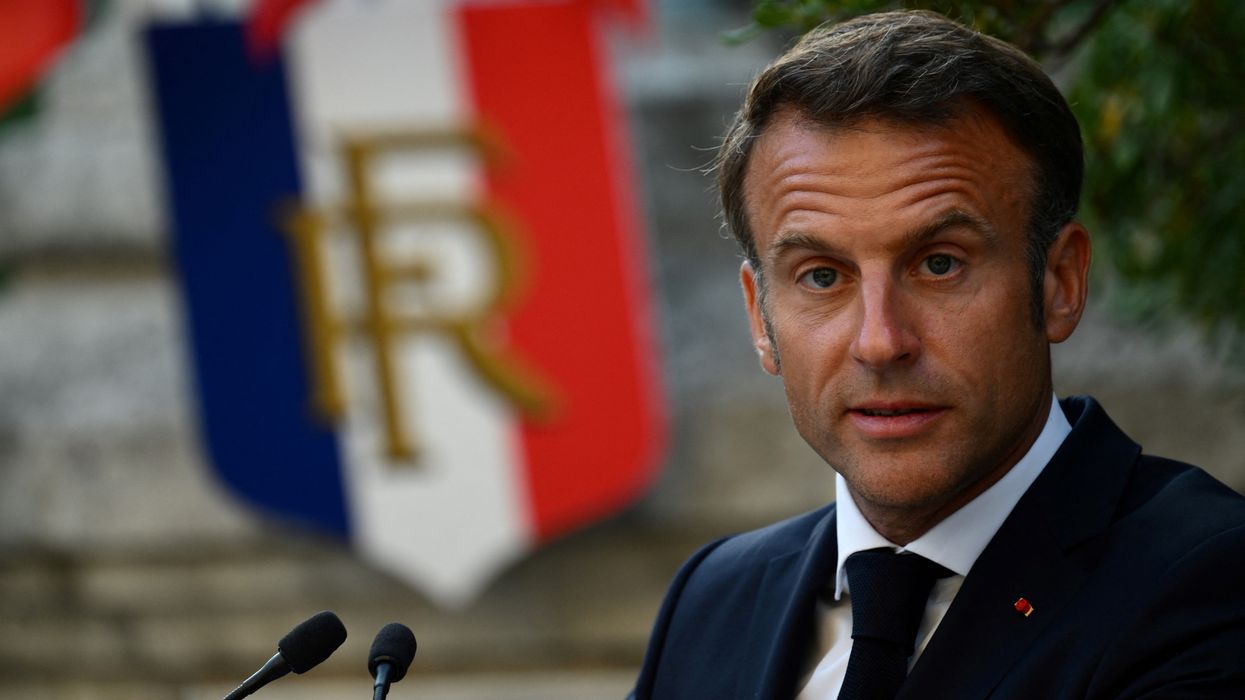 French President Emmanuel Macron delivers a speech during a ceremony to commemorate the 79th anniversary of the liberation of the village Bormes-les-Mimosas, south-eastern France