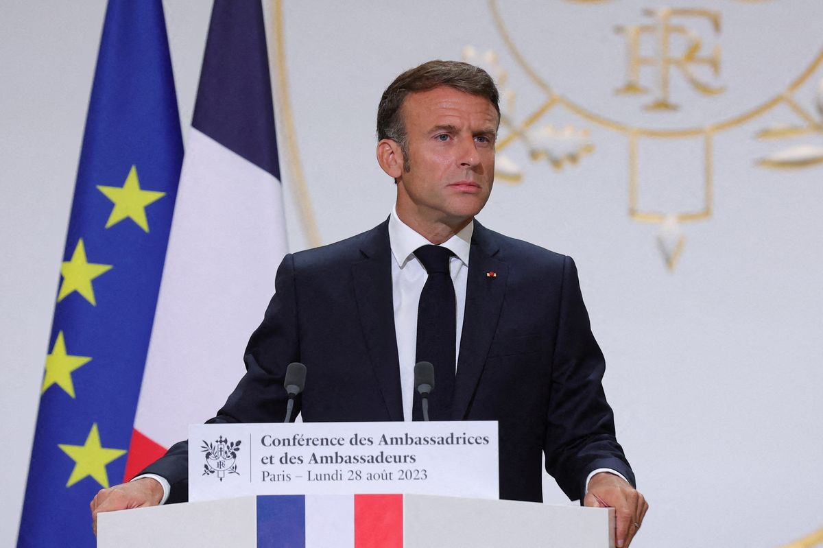 French President Emmanuel Macron gives a speech in front of French ambassadors during the conference of ambassadors at the Elysee Palace, Paris