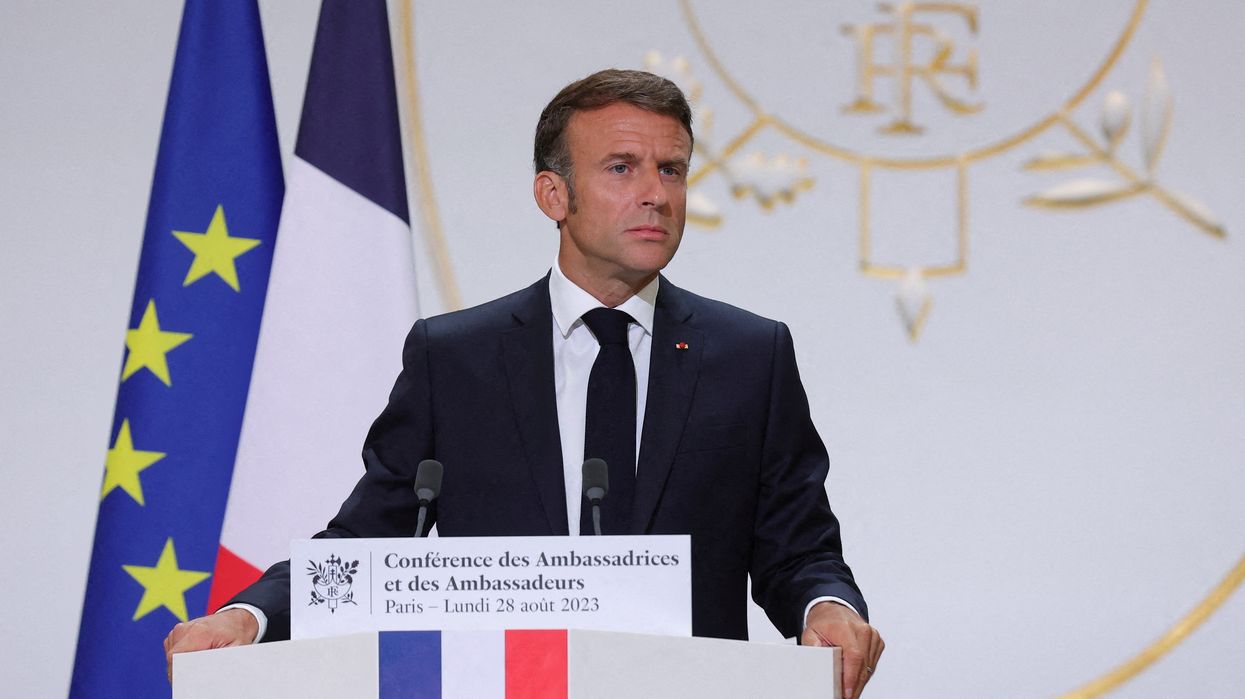 French President Emmanuel Macron gives a speech in front of French ambassadors during the conference of ambassadors at the Elysee Palace, Paris